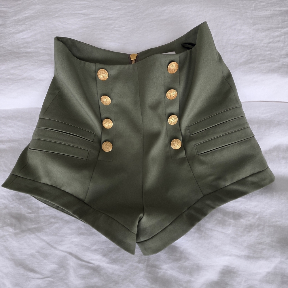 Balmain Olive Green High-Waisted Shorts with Gold Buttons